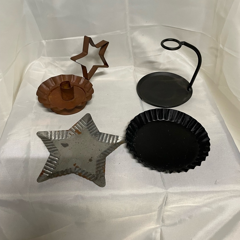 Mixed Metal Decorative Trays & Candle Holders - Rusted Star & Black Plates